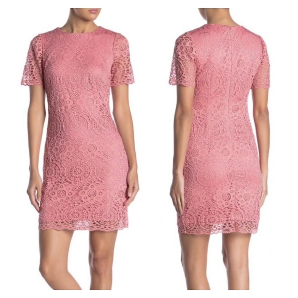 Laundry by Shelli Segal Lace Sheath Mini Dress Vintage Rose Pink 14 Petite - Picture 2 of 10